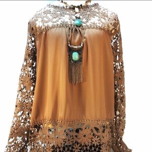 Boho Brown Crochet Lace Top Size M